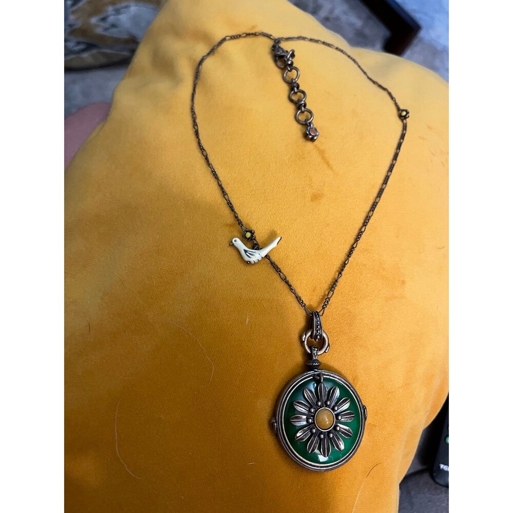 Anthropologie necklace w Green enamel locket pendant w bird charm enamel flowers